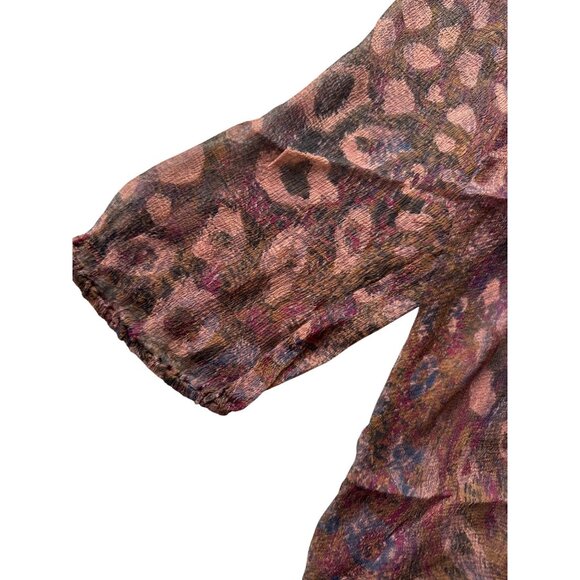 Sheer Boho-Style Leopard Print Blouse With 3/4 Sleeves & Button Front Made In In - Picture 5 of 7